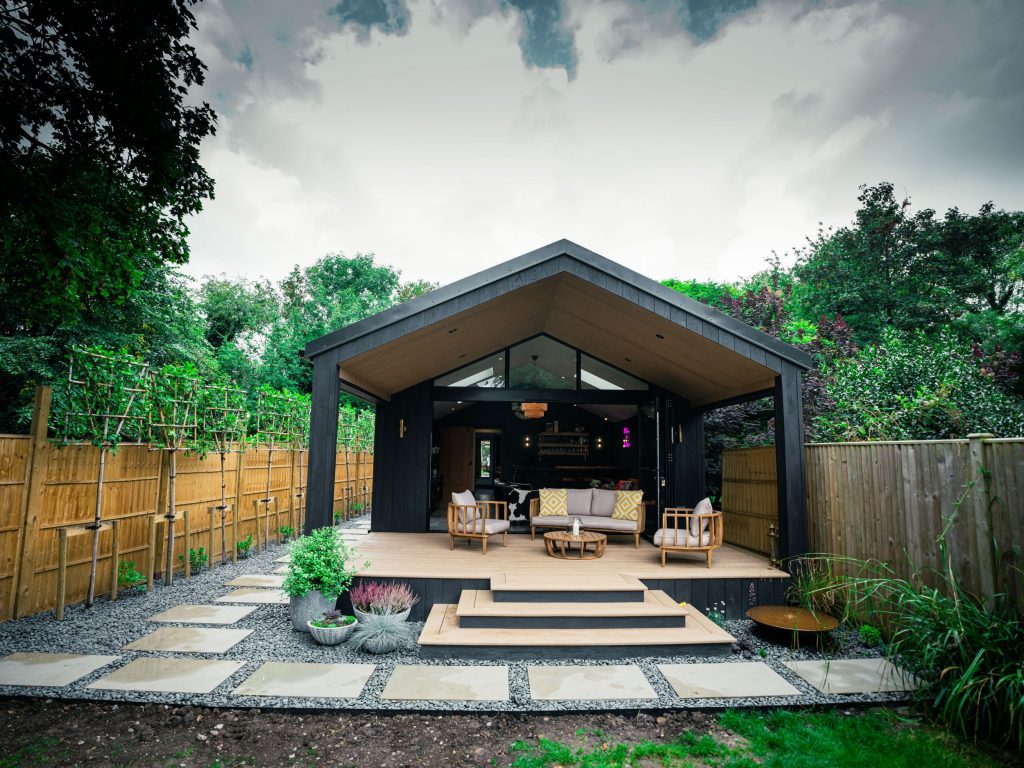 Garden building open on the sides with living room setup
